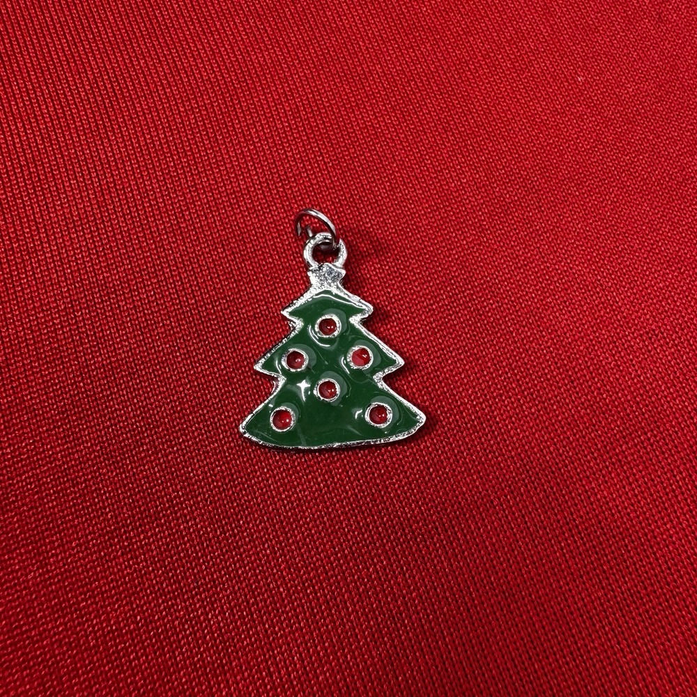 Silver tone Green Christmas Tree Charm With Red Ornaments